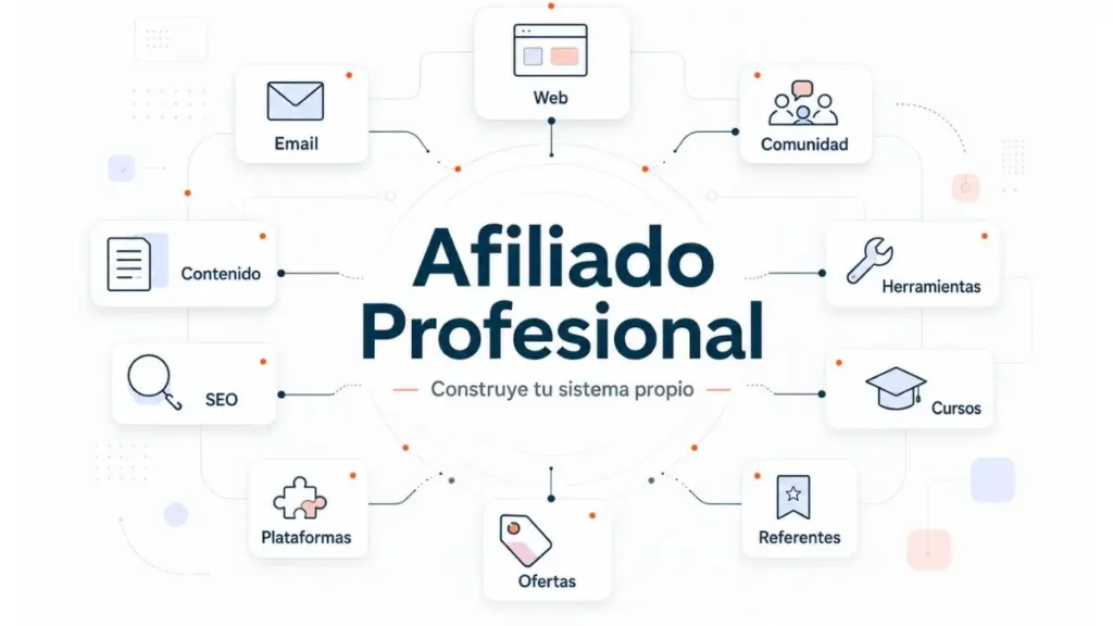 **Nombre del archivo:** ```text hero-home-afiliado-profesional-sistema-propio-afiliacion.png ``` **Alt text:** ```text Mapa visual del sistema propio de afiliación de Afiliado Profesional con web, email, comunidad, contenido, SEO, herramientas, cursos, referentes, plataformas y ofertas conectadas