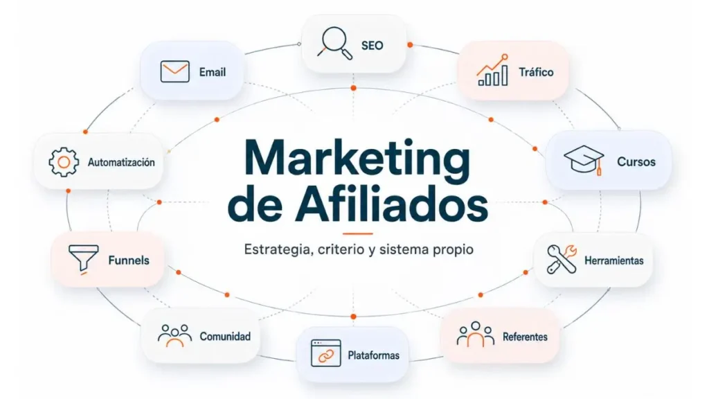 Ecosistema del marketing de afiliados con SEO, email, tráfico, cursos, herramientas y plataformas